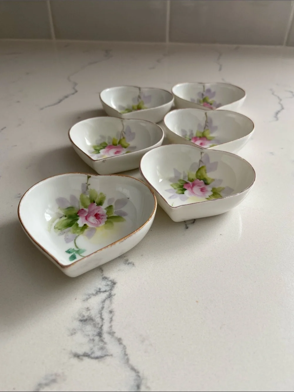 Antique Noritake Heart Butter Pats Hand Painted Roses Set of 6